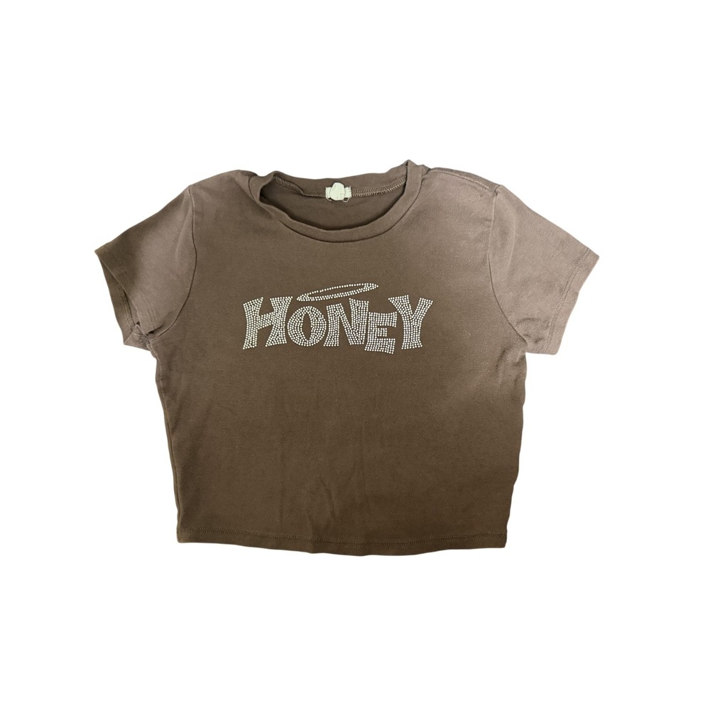 Honey T-Shirt Womens M Brown Short Sleeve Rhinestone Slim Stretch Jersey